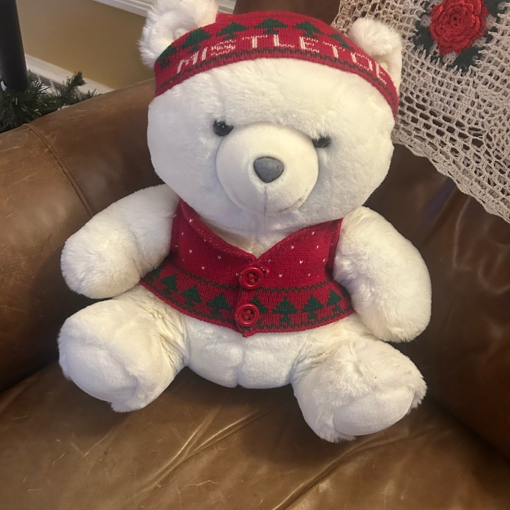Festive White Teddy Mistletoe Santa Bear with Red Sweater